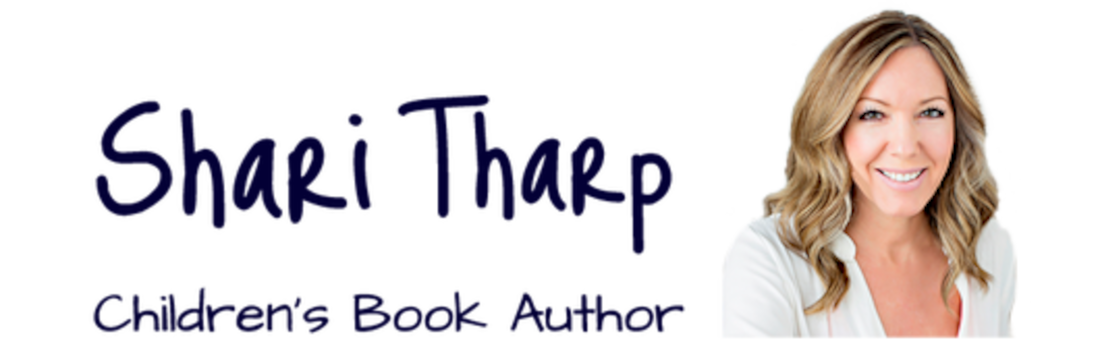 Banner image with "Shari Tharp, Children's Book Author" on the left two-thirds and author head shot on the right.