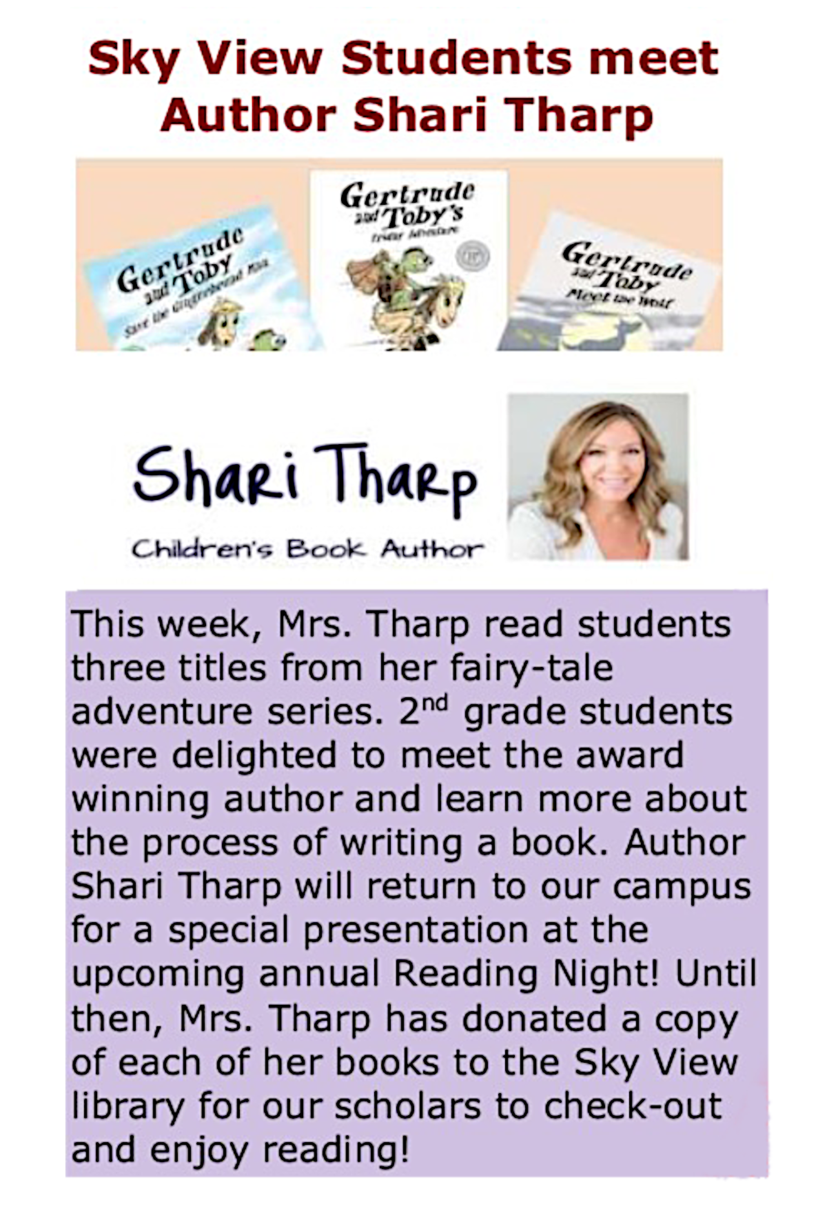 Image of announcement about Shari Tharp's visit to Skyview Elementary School.