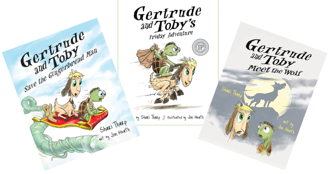 Full-page spread image of the covers of the three Gertrude and Toby Adventure Series books. Gertrude and Toby Save the Gingerbread Man is on the left, Gertrude and Toby's Friday Adventure is in the center, and Gertrude and Toby Meet the Wolf is on the right.